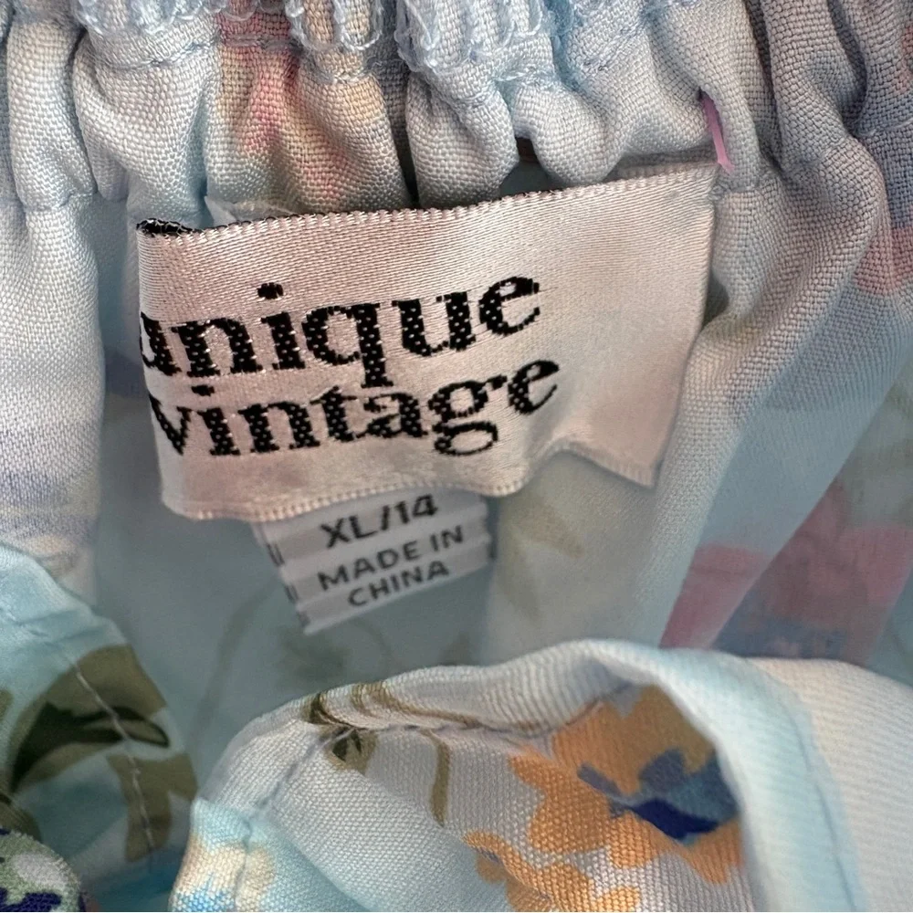 Unique Vintage sz 14 Blue Floral Bird cropped off-shoulder top blouse ruffle - Picture 4 of 6